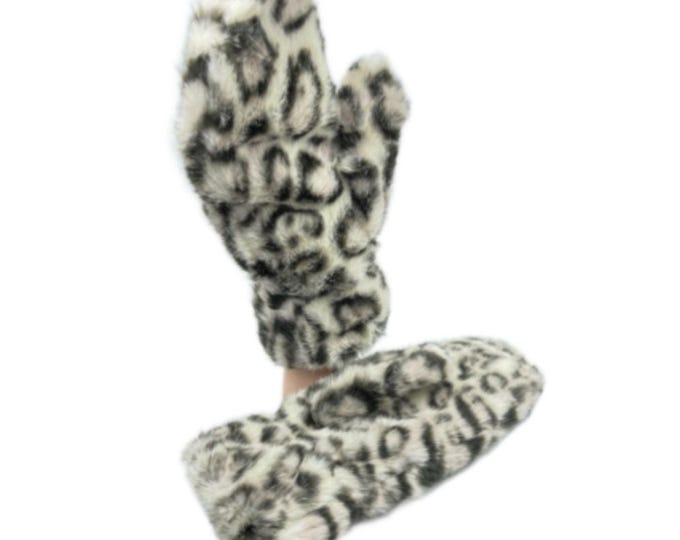 Women Soft Plush Warm Animal Print  Winter Fluffy  Warm Fashion Mittens Faux Fur