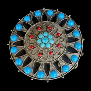 Spirograph Blue And Red Stones Plaque Antique Nickle Round Belt Buckle