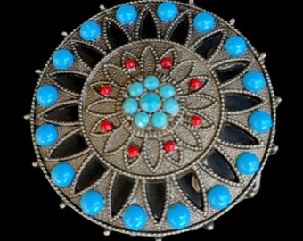 Spirograph Blue And Red Stones Plaque Antique Nickle Round Belt Buckle
