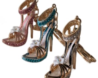 Rhinestone High Heel Keychain Goldtone Crystal Embellished Bag Keyring Gift