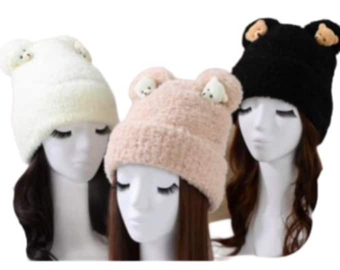 Women's Cartoon Teddy Bear Ear Decor Winter Plush Cute Beanie Winter Fashion Hat