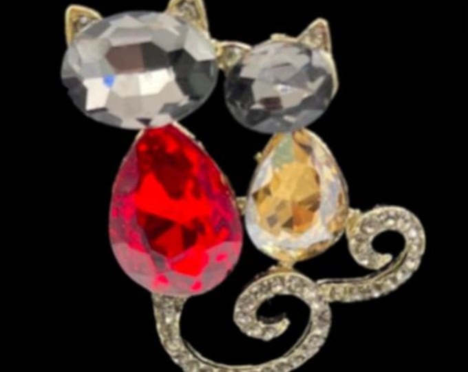 Two Rhinestone Cat Cats Kitty Women's Fashion Brooch Pin Accessories
