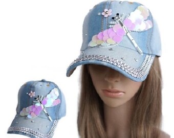 Cappello da baseball in denim con cappuccio cadetto a forma di libellula over-size con cristalli scintillanti da donna