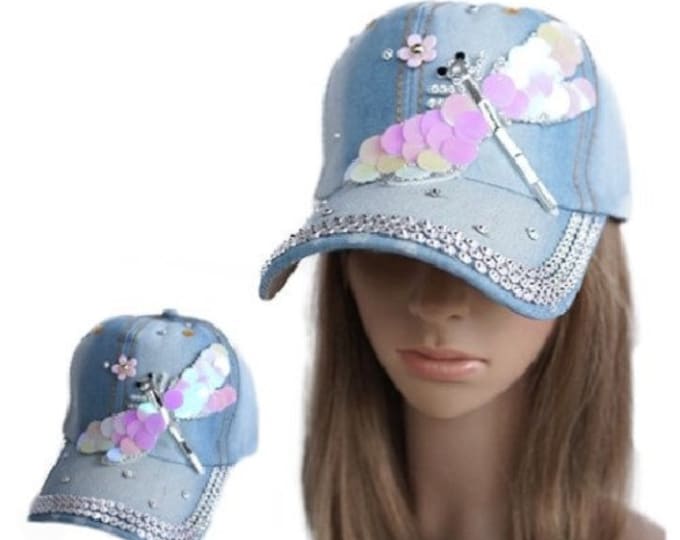 Women's Crystal Bling Over-Sized Dragonfly Cadet Cap Denim Baseball Hat