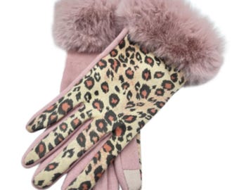 Women's Winter Pink Animal Print  Faux Fur Trim Gloves