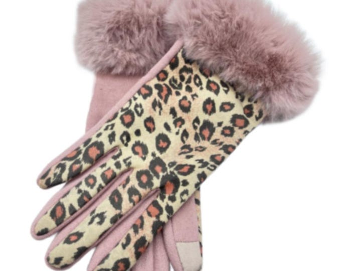 Women's Winter Pink Animal Print  Faux Fur Trim Gloves