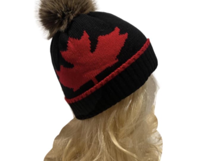 Unisex New Beanie Hat Tuque Winter Canada Maple Leaf Red Black Pom Pom Knitted