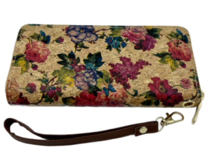 Women's Fashion Zipper Clutch Cork Wallet Floral Designs