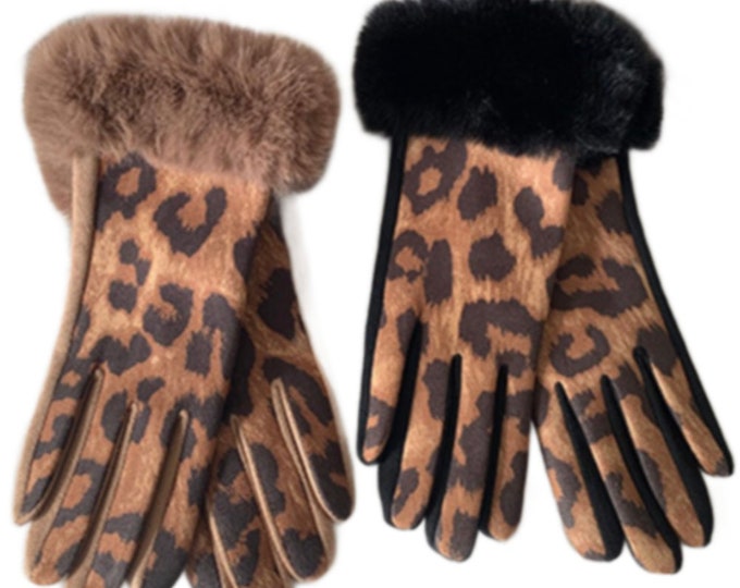 Women's Animal Print Cheetah Leopard Gloves Faux Fur Trim Winter Fall