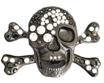 Skeleton Skull Cross Bones Clear Crystal Rhinestones Fashion Metal Belt Buckle