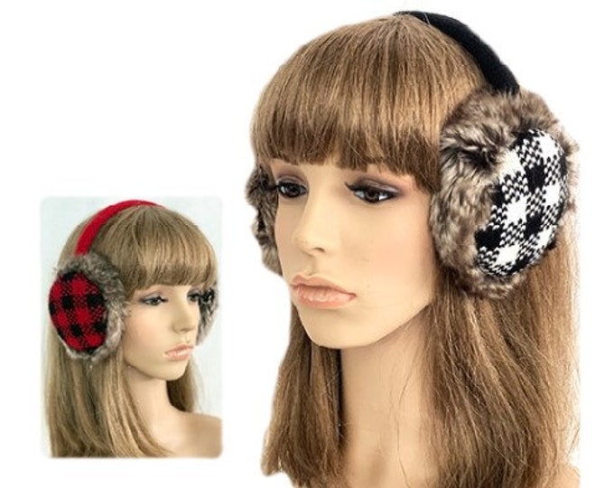 Plaid Faux Fur Warmers Earmuffs Big Winter Outdoor Ear Warmer