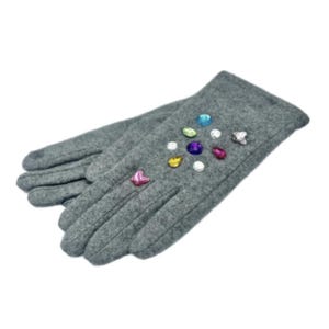 May include: Gray fleece gloves with colorful rhinestone embellishments.