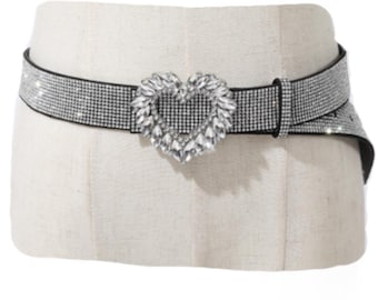 Women's Sparkling Rhinestone Bling Waist Fashion Belt with Heart-Shaped Buckle