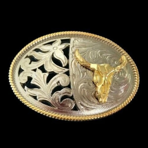 Two Toned Gold Silver Longhorn Steer Bull Western Belt Buckle Boucle de Ceinture