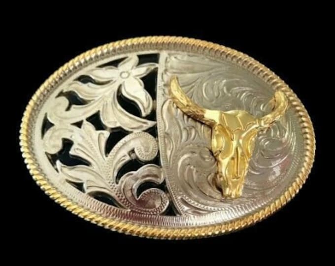 Two Toned Gold Silver Longhorn Steer Bull Western Belt Buckle Boucle de Ceinture