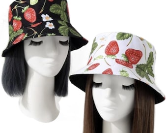 Strawberry  Bucket Hat Festival Fishing Summer Sun Beach Reversible Hats
