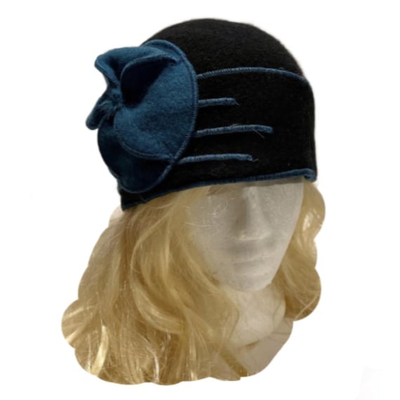 3529 Solid Color 1920s Womens 100% Wool Flower Winter Bucket Cap Beret Hat Women 1920s 100% Wool Vintage Cloche Bucket Winter Hat with  main image 2