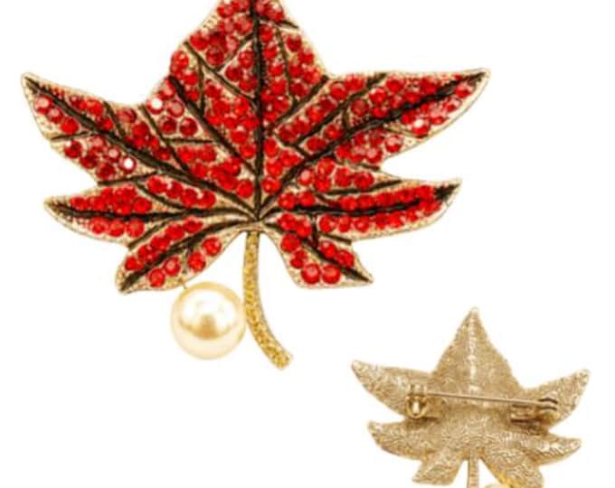 Red Rhinestone Maple Leaf Faux Pearl Brooch Pin Women's Accessories