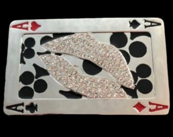 Four Aces Belt Buckle 4 Ace Rhinestone Lips Gambler Lucky Charm Buckles Belts
