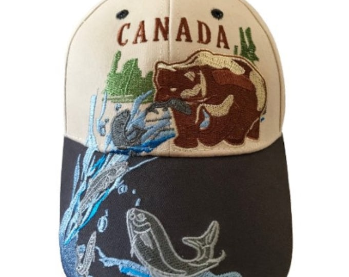 Canada Bear Fishing Embroidered Baseball Ball Cap Hat