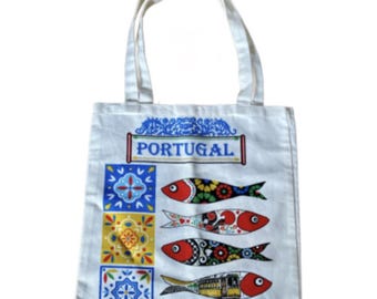 Portugal Colorful Tiles Sardines Double-Sided Tote Bag 100% Cotton