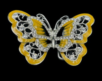 Yellow Rhinestone Glitter Butterfly Butterflies Belt Buckle Boucle Ceinture