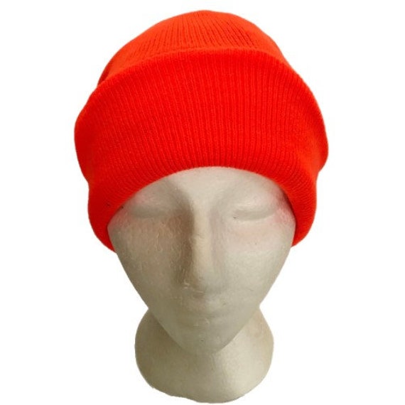 Orange Neon Beanie Cap Plain Knit Ski Hat Cuff Winter Solid  display picture 1