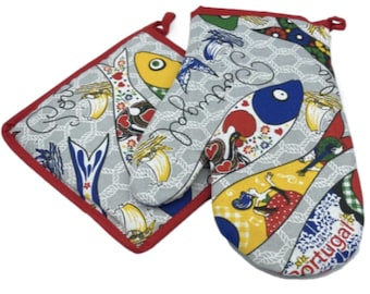 100% Cotton Traditional Portuguese Sardines Symbols Oven Kitchen Mitt Set of 2