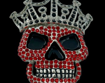 Skull Skeleton King Crown Clear Rhinestones Hip Hop Metal Belt Buckle