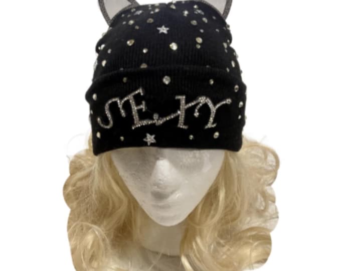 Cat Ears Jewel Studded Bling Silver Rhinestone Hearts Winter Tuque Hats