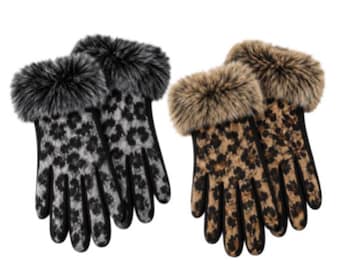Women's Animal Print Cheetah Leopard Gloves Faux Fur Trim Winter Fall