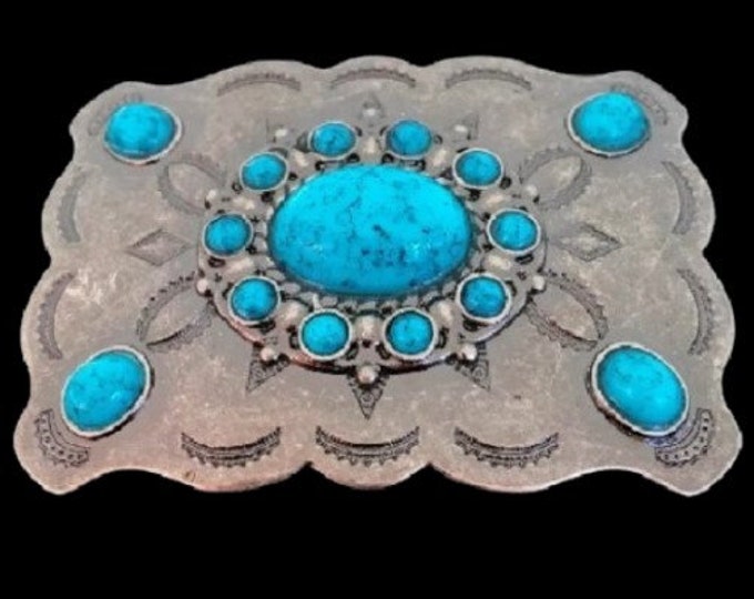 Turquoise Color Stone Belt Buckle Flowers Stones 60's 70's Era Hippie Belts Buckles