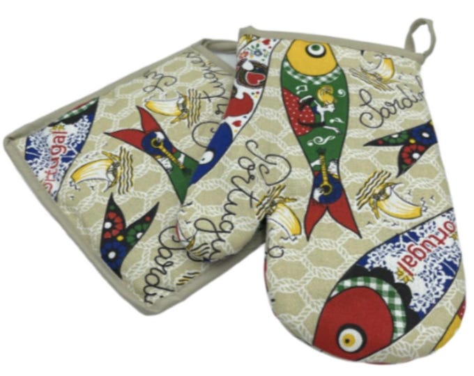 100% Cotton Traditional Portuguese Sardines Symbols Oven Kitchen Mitt Set of 2