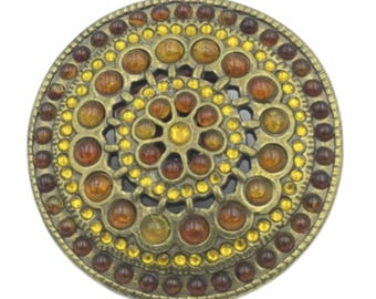 Yellow Maroon Brown Rhinestones Round Floral Belt Buckle