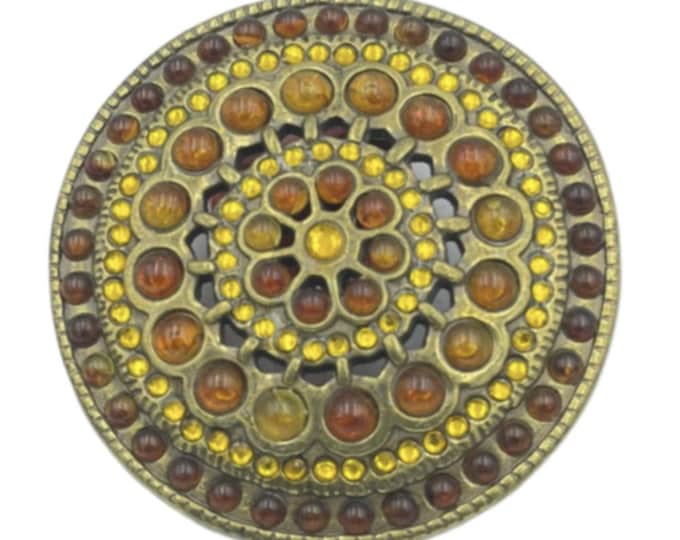 Yellow Maroon Brown Rhinestones Round Floral Belt Buckle