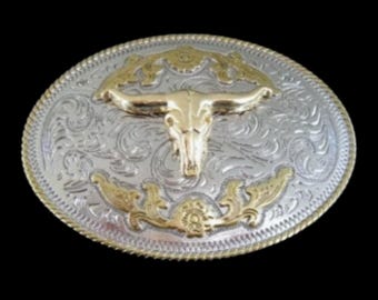Vintage métal belt buckle longhorn bull cattle steer, cowl angus