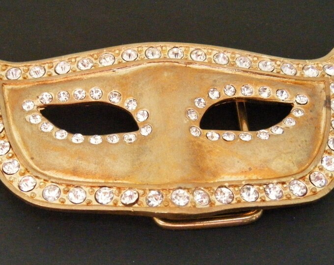 Gold Tone Masquerade Eye Phantom Opera Rhinestone Mask Belt Buckle