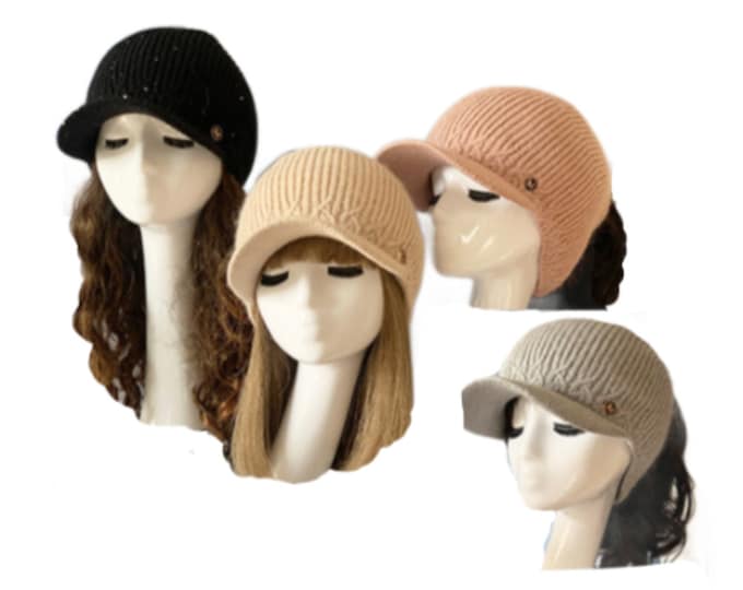 BeanieTail Soft Stretch Cable Knit Messy High Bun Ponytail Beanie Visor Hat