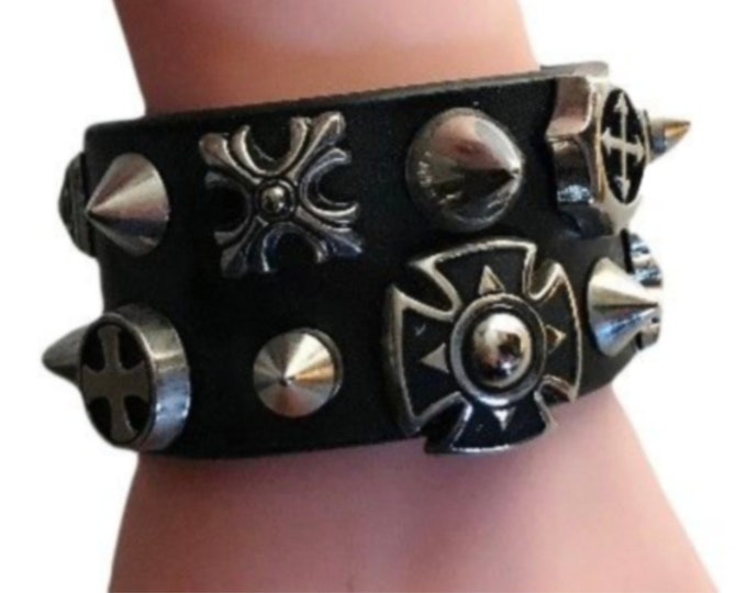 Cuff Leather Cross wristband bracelet goth punk celtic emo