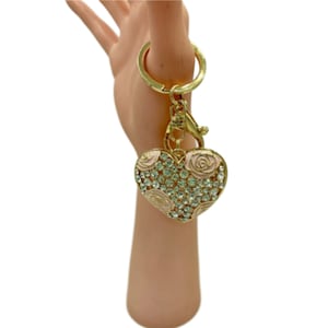 Heart Women&#39;s Keychain Pink Flower Charm Bling Rhinestone Lobster Clasp