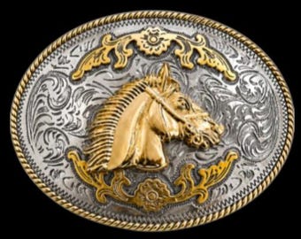 Two Toned Gold Silver Horse Horsehead Western Belt Buckle Buckles