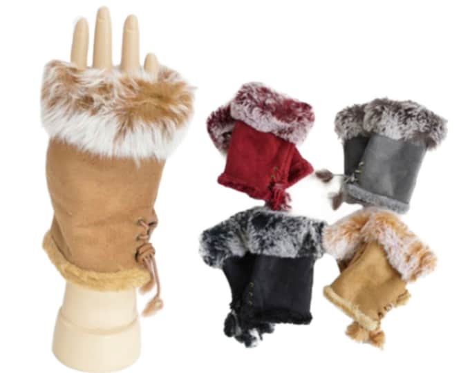 Women Winter Warmer Fingerless Gloves Faux Fur Suede Wrist Solid Mitten
