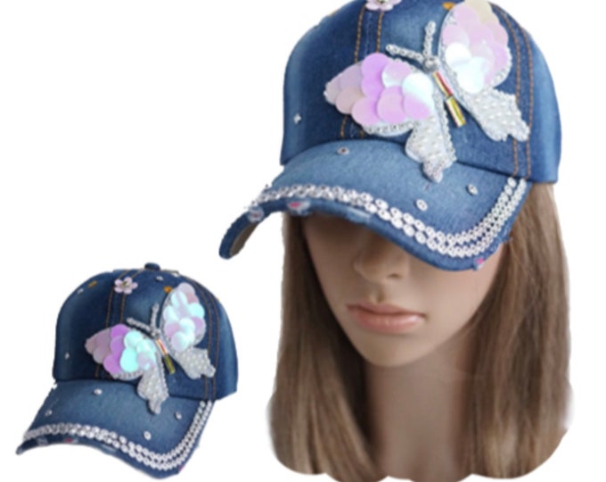 Butterfly Rhinestone Women's Denim Baseball Cap Outdoor Sun Hat