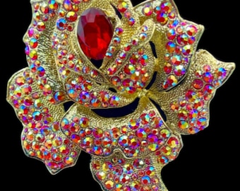 Red Rhinestone Rose Flower Brooch Pin Women's Fashion Accessories