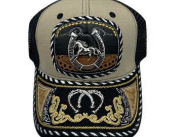 3D Horseshoe Embroidered Faux Leather Western Hat Unique Design Mesh Back