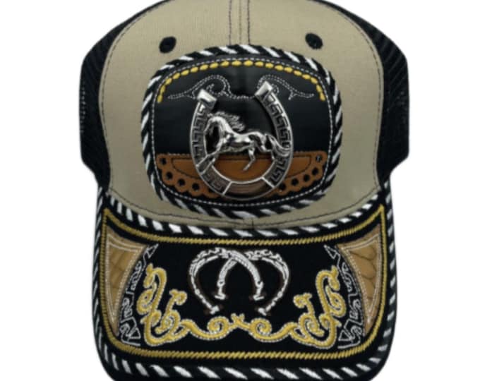 3D Horseshoe Embroidered Faux Leather Western Hat Unique Design Mesh Back