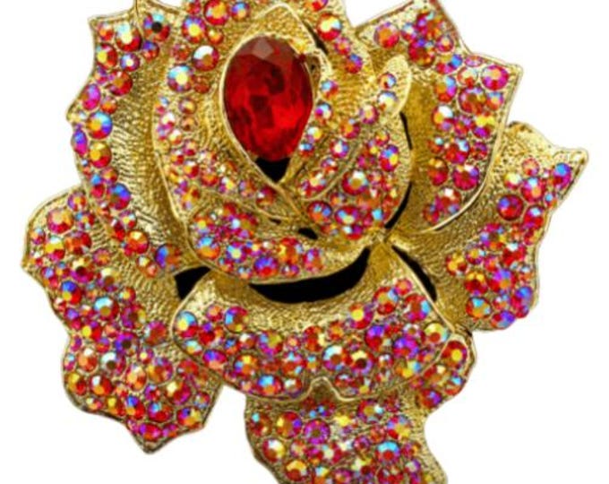 Red Rhinestone Rose Flower Brooch Pin Women's Fashion Accessories
