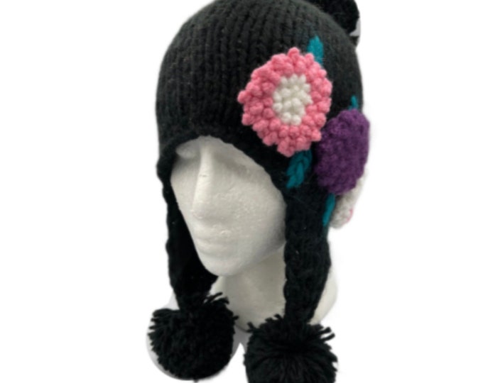 New Fashion Women’s Black Hat Warm Winter Pom Pom Knitted Crochet Flower