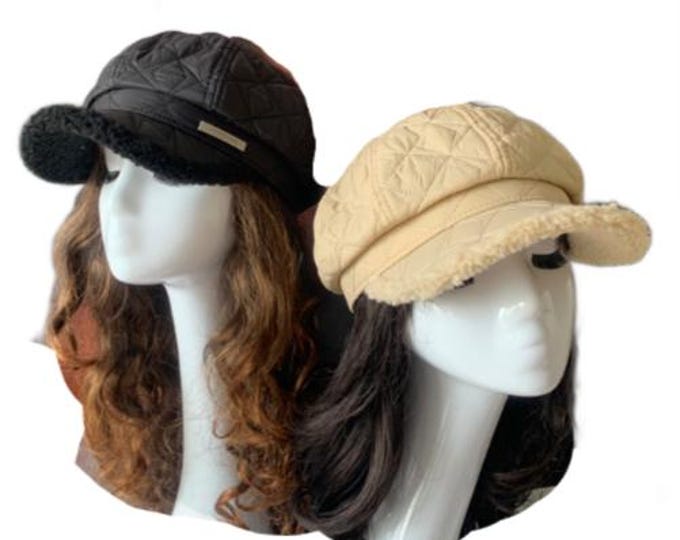 Women Girls Faux Fur Cap Baker Boy Newsboy Beret Quilted Rain Hat