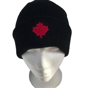 Beanie Hat Toque Canada Canadian Flag Red Maple Leaf Black Ski Hat